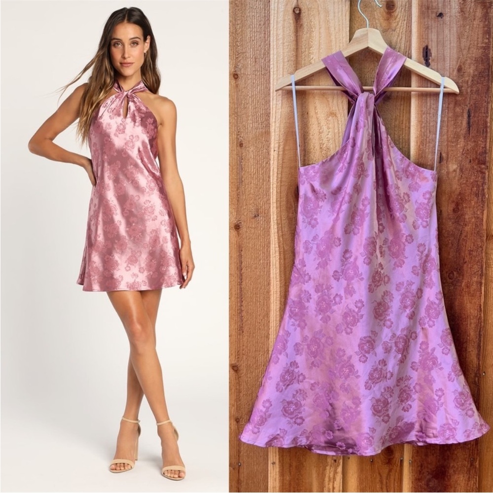 Mauve Pink Satin Floral Jacquard Halter Mini Slip Dress 🌿
